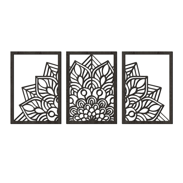 Декоративен панел за стена, Lovie Мандала голяма, 3 части, 170x75cm, Черен