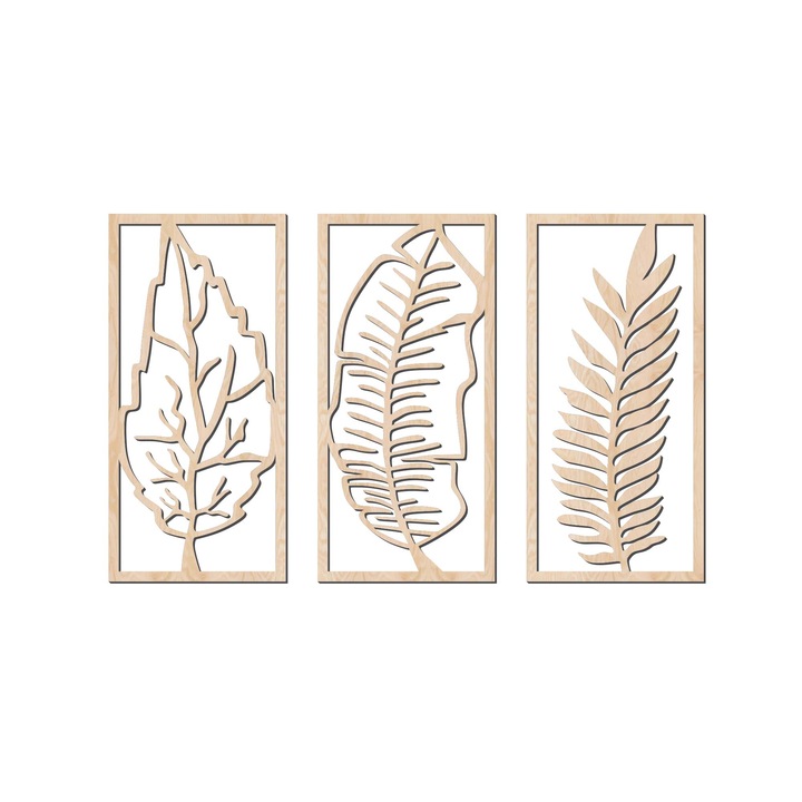 Декоративен панел за стена, Lovie Листа, 3 части, 120x75cm, Натурален
