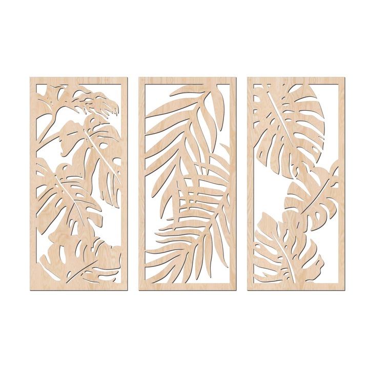 Ser 3 panouri decorative pentru perete, Lovie, Model frunze, Lemn, 90 x 60 cm, Natural