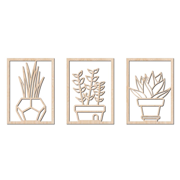 Panou decorativ de perete, Lovie, Flowers intr-un ghiveci, 3 parti, 150x60cm, Natural