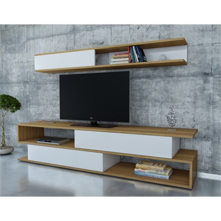 Comoda TV Asi Home Sims - Teak, White, Alb/Tec, 176x39x32/150x19x22cm
