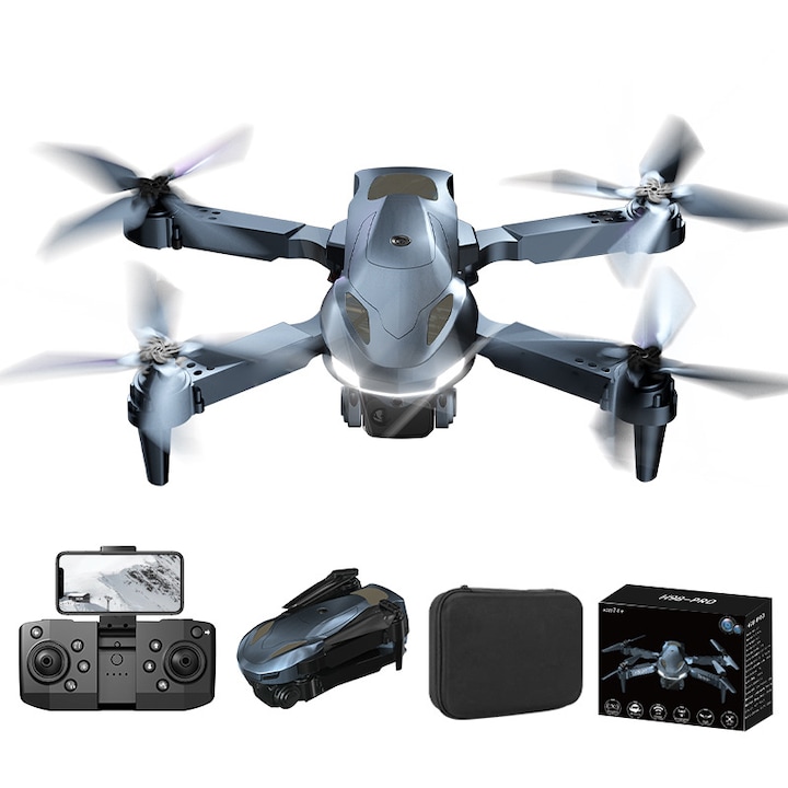 Дрон VIELLAN, Dual HD камера 1080P, 3 батерии, Сгъваемо дистанционно управление Quadcopter, Въртене на 360°, Wi-Fi FPV, Сгънат размер 4.5x7.5x13 см, Черен/Сив