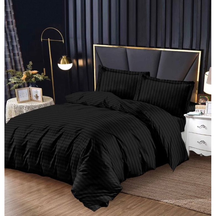 Set Lenjerie de pat dublu cu elastic, 2 Persoane, Damasc gros, Uni, 4 Piese, Pucioasa, Bumbac, Cearceaf pat 180 x 200 x 25 cm, Cearceaf pilota 200 x 230 cm, 2 Fete de perna 55 x 75 cm, Negru, DM-001