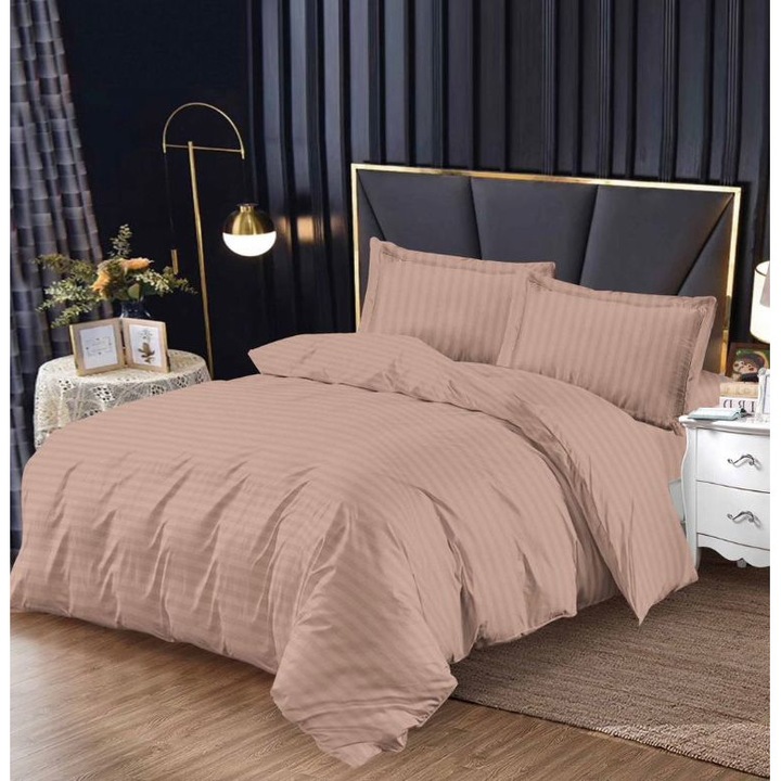 Set Lenjerie de pat dublu cu elastic, 2 Persoane, Tip Damasc gros, Uni, 4 Piese, Pucioasa, Bumbac, Cearceaf pat 180 x 200 x 25 cm, Cearceaf pilota 200 x 230 cm, 2 Fete de perna 55 x 75 cm, Cappucciono, DM-0013