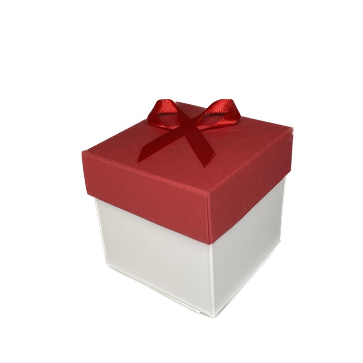 Cutie pentru cadou - Nicas - carton alb si rosu cu fundita rosie, 6.5X6.5X6.5 cm - tip A