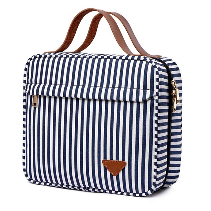 Козметична чанта за пътуване, ZJZ, с кукички, сгъваема, водоустойчива, 4 отделения, синьо/бяло