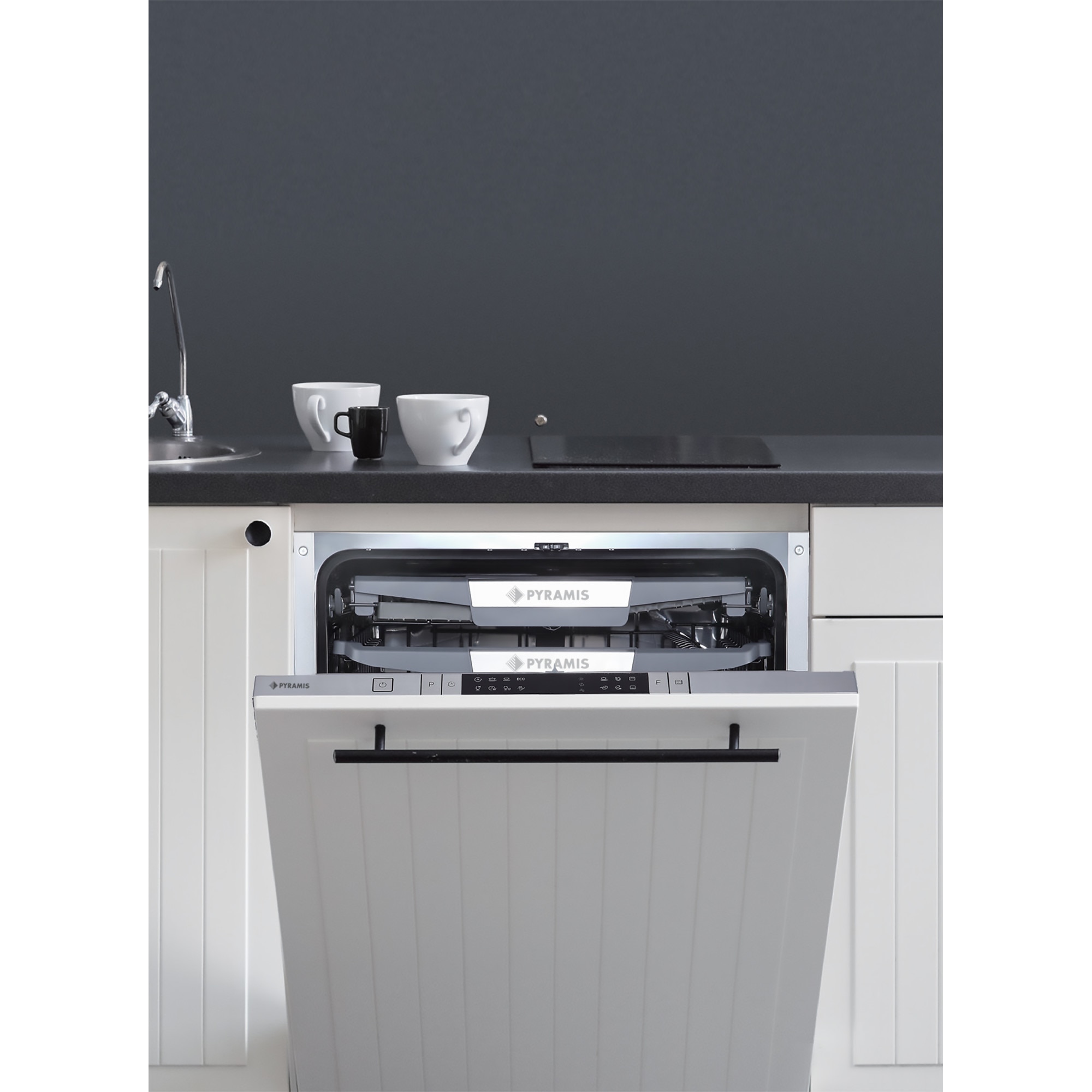 Masina de spalat vase incorporabila Pyramis Premium 60FI HE, 15 seturi, 8 programe, touch control, panou comanda inox, clasa D, indicator podea, deschidere automata a usii, cuva iluminata, 60cm