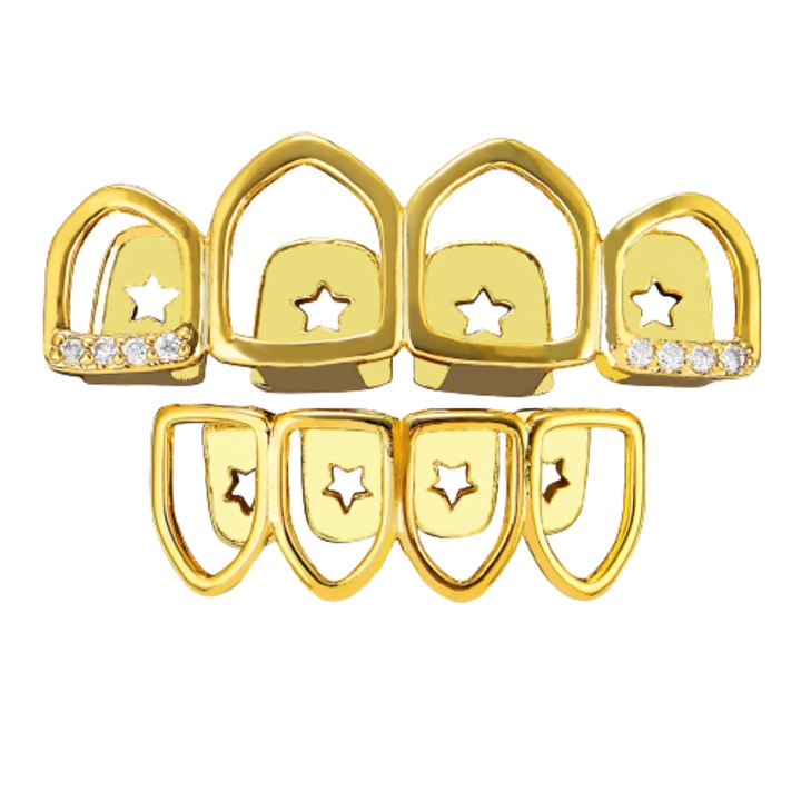 Set de doua fatete pentru dinti, superior si inferior, model Grillz Hip Hop cu stelute, pietre zirconiu, placate cu aur 18K, auriu, Tessero