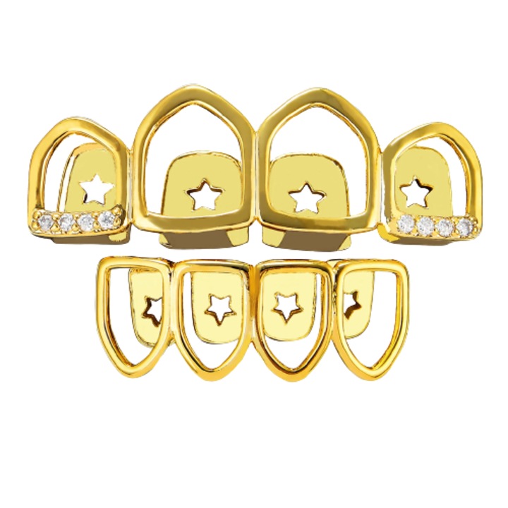 18-каратово позлатено злато Grillz Комплект Grillz за хип-хоп зъби със звезди, циркониеви камъни, 18-каратово злато, Tessero
