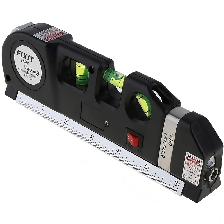 Лазерен нивелир с 2,5 м измервателна лента и 3 ампули, хоризонтални и вертикални линии, черен