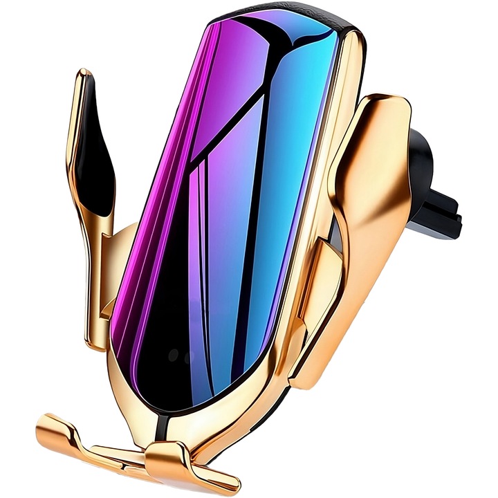 Поставка за кола с индукционно зарядно устройство и сензор за отваряне, въртене на 360 градуса, захващане във вентилационната решетка, черно-златно