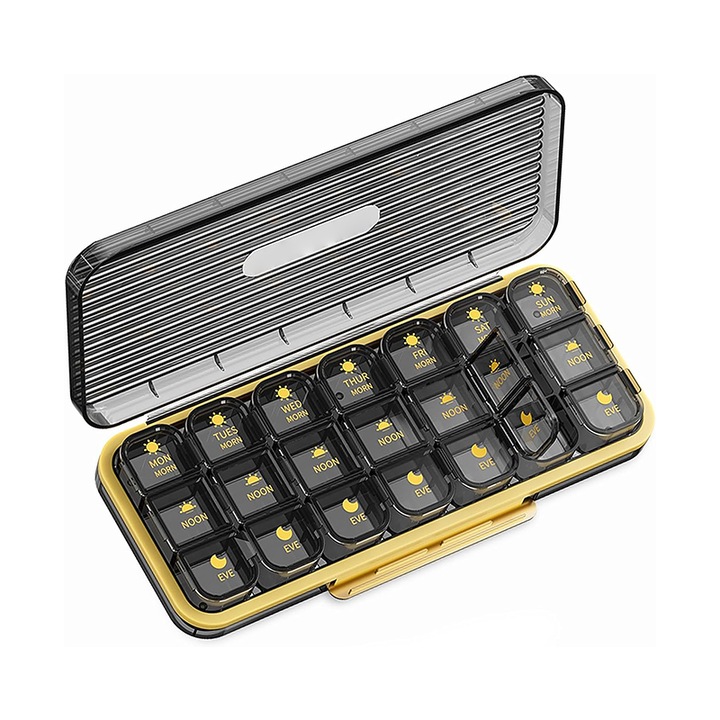 Cutie depozitare pastile, KINSI, 7 zile, 21 de grile, recipiente detasabile, plastic, 8.8x3.7x1.2 in, negru