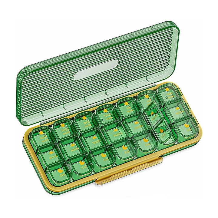Cutie depozitare pastile, KINSI, 7 zile, 21 de grile, recipiente detasabile, plastic, 8.8x3.7x1.2 in, verde