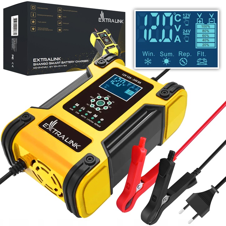Redresor Extralink Shango Smart Battery Charger 100 - 240VAC, 12V 12A, 24V 6A, Afisaj LCD, Niveluri multiple de protectie, Compatibil, Control cu microprocesor, Galben