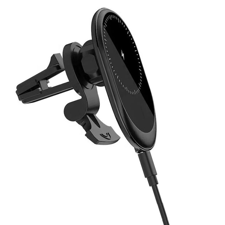 Mágneses vezeték nélküli autós töltő 15W Qi, iPhone MagSafe kompatibilis, rácsos rögzítés, fekete
