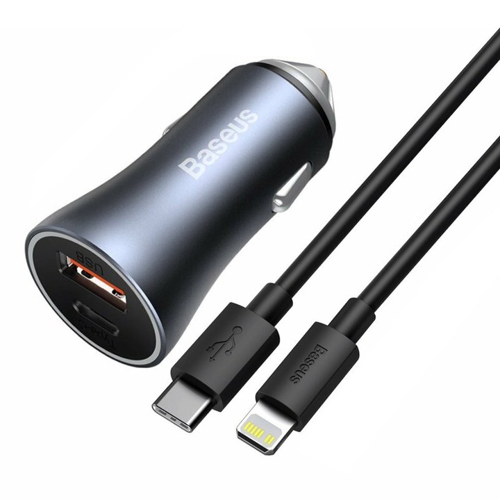 USB зарядно за кола, Type-C, 40 W + Lightning кабел, G323, тъмно сиво