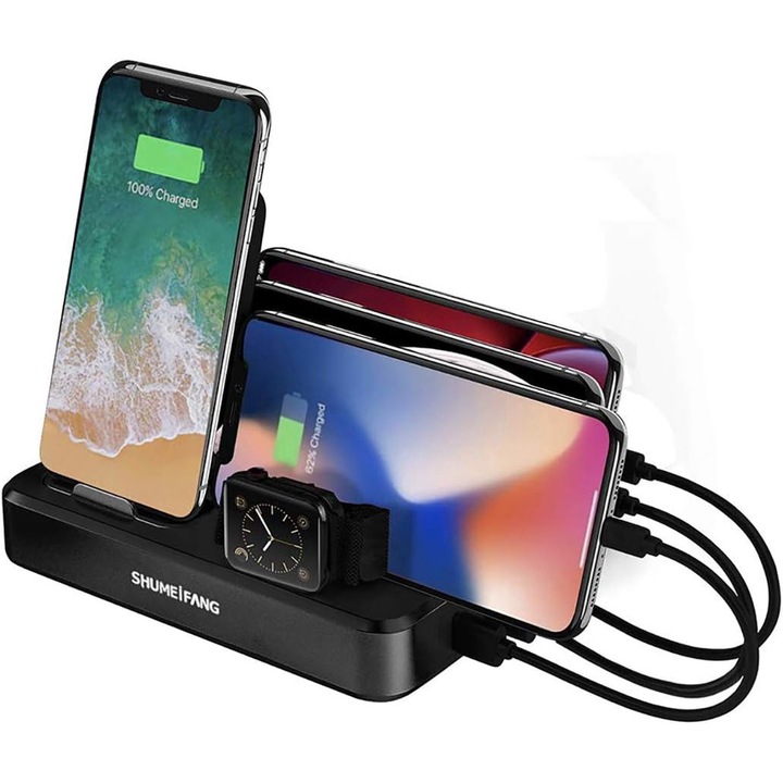 Statie de incarcare Wireless Shumeifang, 6 in 1, Qi cu inductie, protectie impotriva supratensiunii, compatibil cu telefoane, tablete, smartwatch, culoare negru