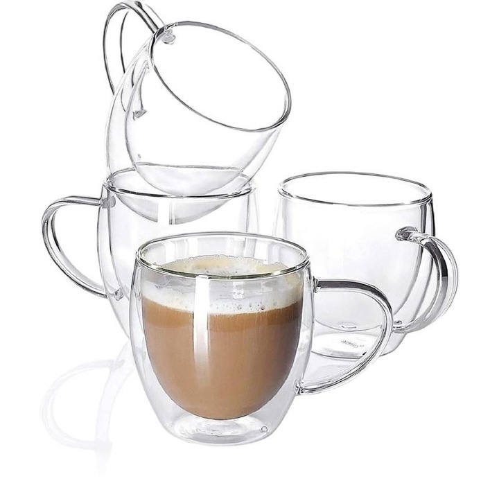 Комплект чаши за кафе, Стъкло, 2 слоя, Прозрачни, 4бр.