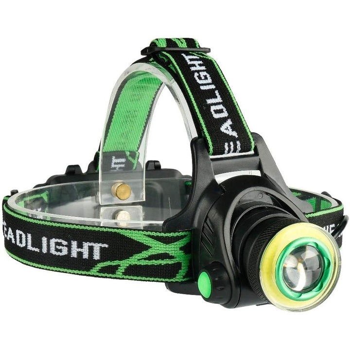 Lanterna pentru cap cu LED XM T6 plus COB si acumulatori, incarcare USB, Zoom, verde