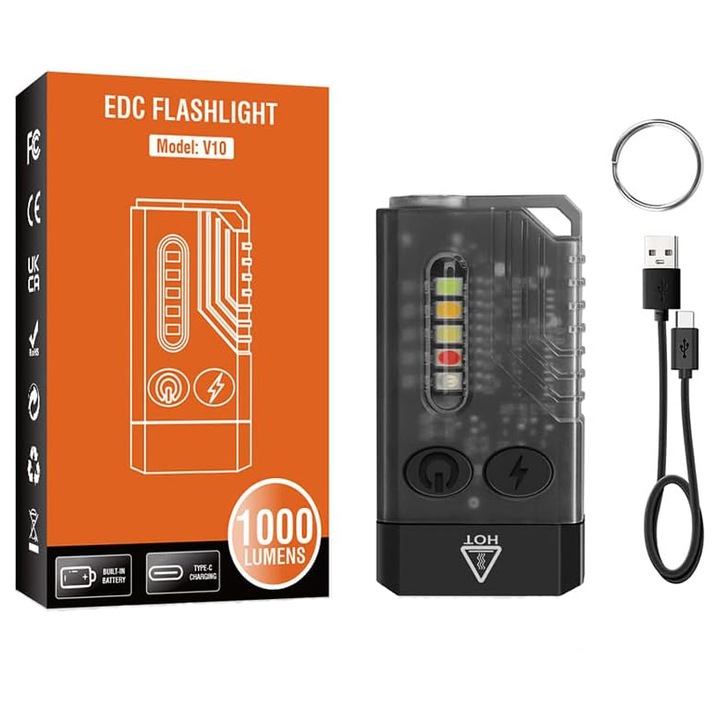 EDC фенер, BOMSTOM, 1000mAh, 5 нива на регулиране на яркостта, 1000 лумена, IPX4, с виолетова светлина, 80 dB звънец, полихроматичен източник на светлина, USB, 100 метра, 67 x 35 x 15 mm, черен