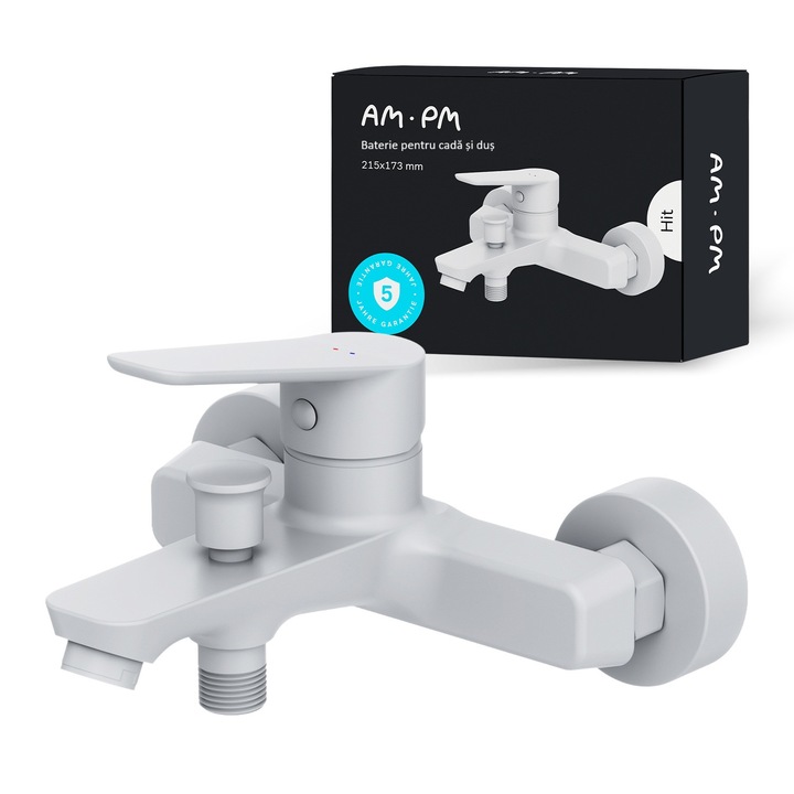 Baterie cada monocomanda, 1/2'', cartus ceramic, limitator debit, diverter, alb, Hit FTA10033 AM.PM