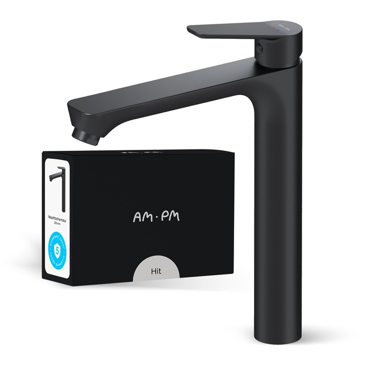 Baterie lavoar AM.PM Hit FTA92022, Inalt, monocomanda, montare blat, cartus ceramic SoftMotion 30 mm, pipa inalta, aerator Neopearl, economisire apa, Negru Mat