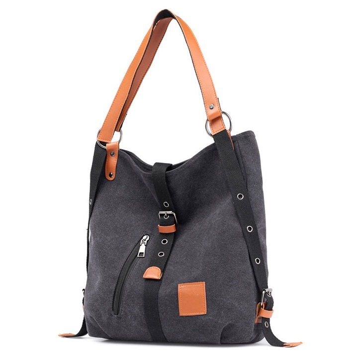 QttvbTna hátizsák táska, vászon és bőr, többfunkciós, fekete, 32x12x35 cm