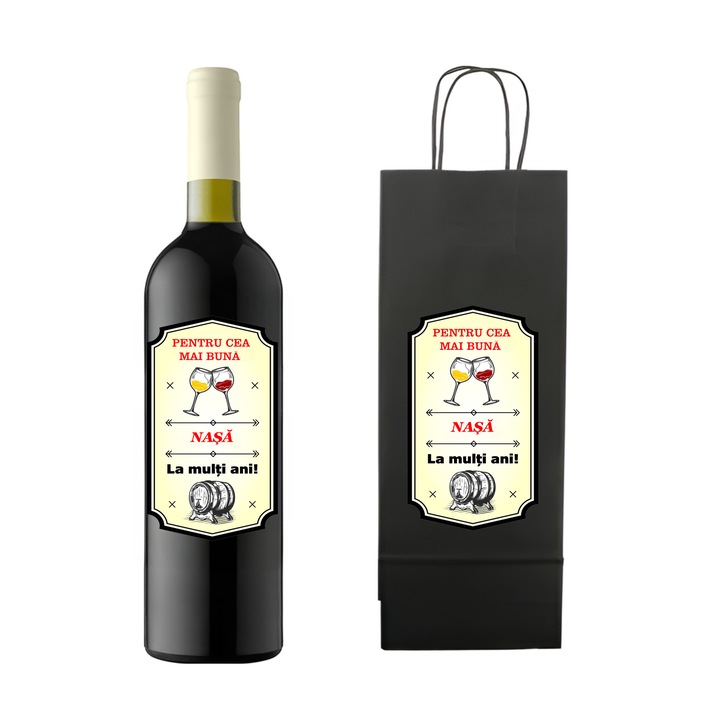 Set personalizat sticla de vin rosu, demisec, Feteasca Neagra, 750 ml si punga de cadouri cu imprimeu Cea mai buna nasa, la multi ani