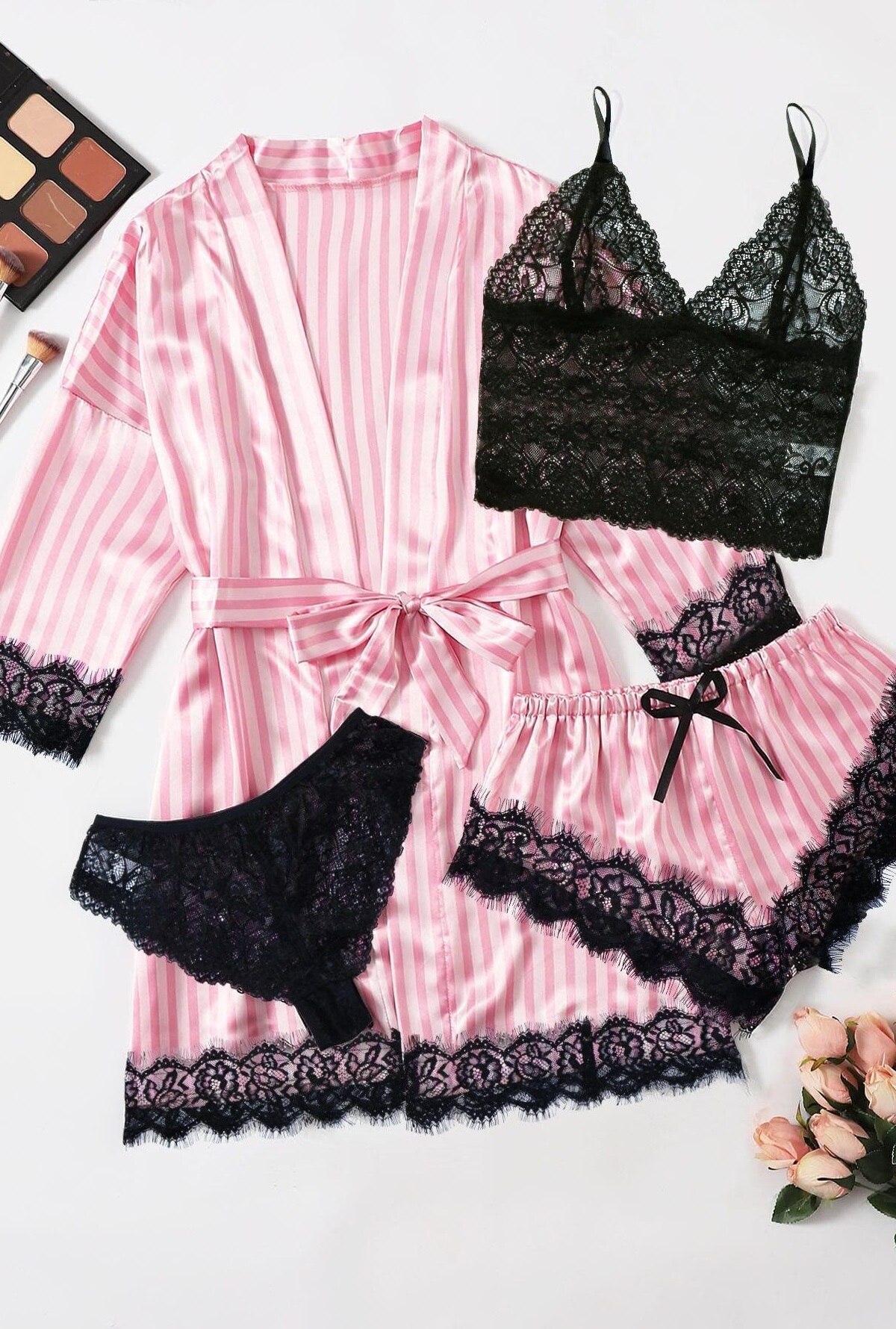 Комплект пижама Elegance от 4 части, дамски, розово-черен цвят, размер ...