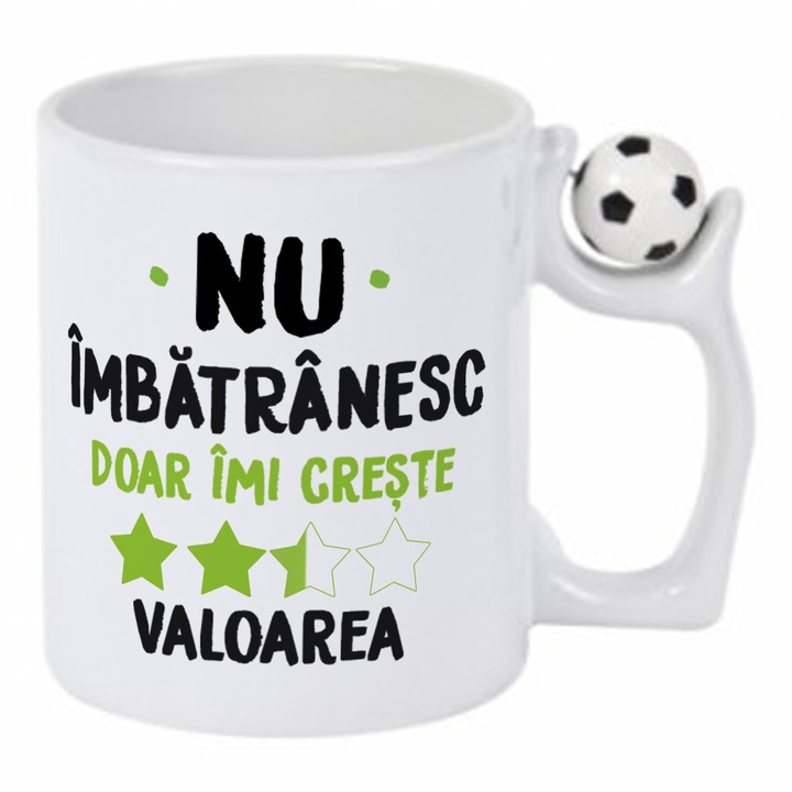 Cana alba cu toarta minge fotbal personalizata Nu imbatranesc doar imi creste valoarea, 330 ml, Pop Radu Daniel II