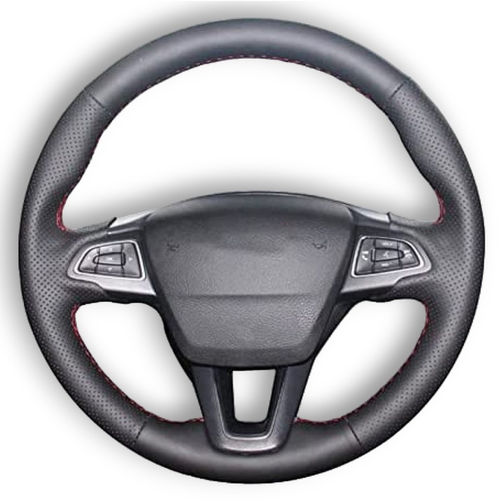 Husa volan piele, dedicata Ford Focus MK 3.5, cusuta manual, culoare cusatura negru