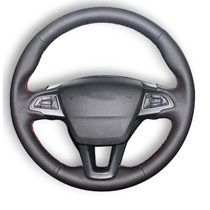 Husa volan piele, dedicata Ford Focus MK 3.5, cusuta manual, culoare cusatura albastru