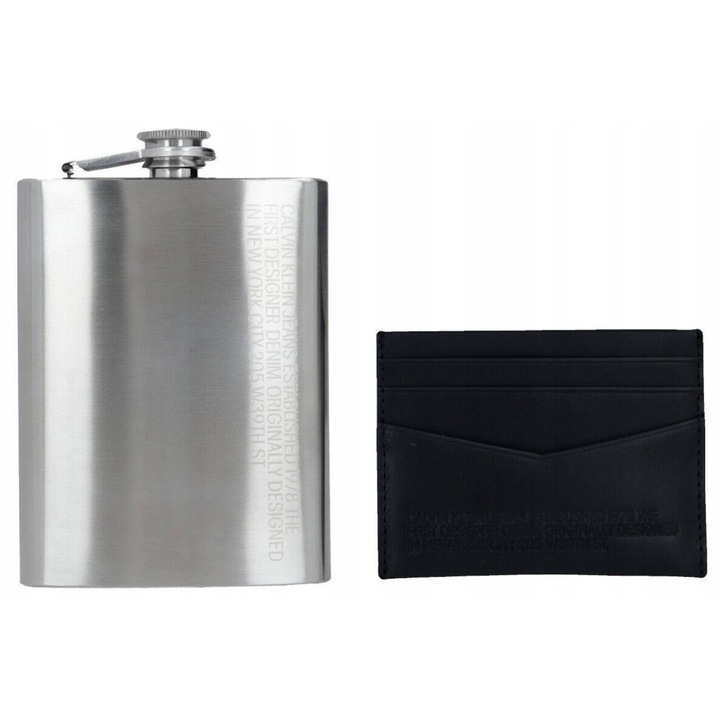 Set cadou pentru barbati, CALVIN KLEIN, Plosca si portofel, Argintiu/Negru