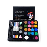 Set profesional pictura pe fata si corp pentru copii si adulti, Darklove, cu 32 de sabloane, 19 vopsele de fata pe baza de apa, 3 pensule, 2 sclipici, 2 autocolante, 2 bureti, 2 creioane de par, Multicolor