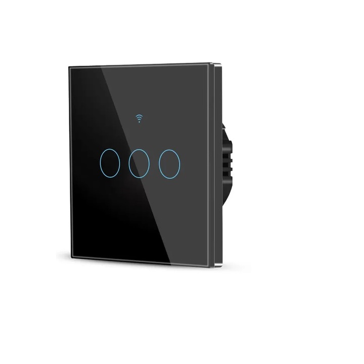 Intrerupator inteligent cu touch, WIFI, sticla securizata, Tuya, Life Smart, compatibil Amazon Alexa/Google Assistant, 3 canale, Negru