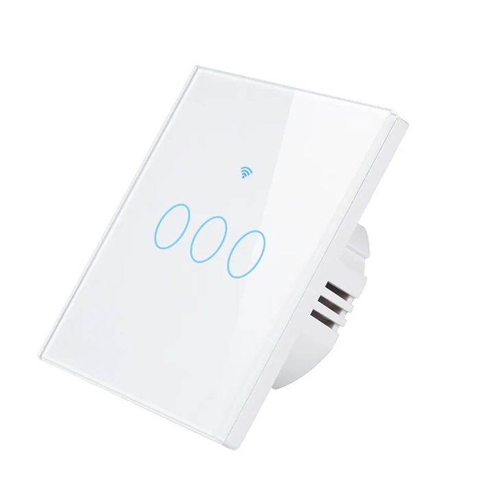 WIFI érintőfénykapcsoló, edzett üvegüveg panel, háromgombos, fehér