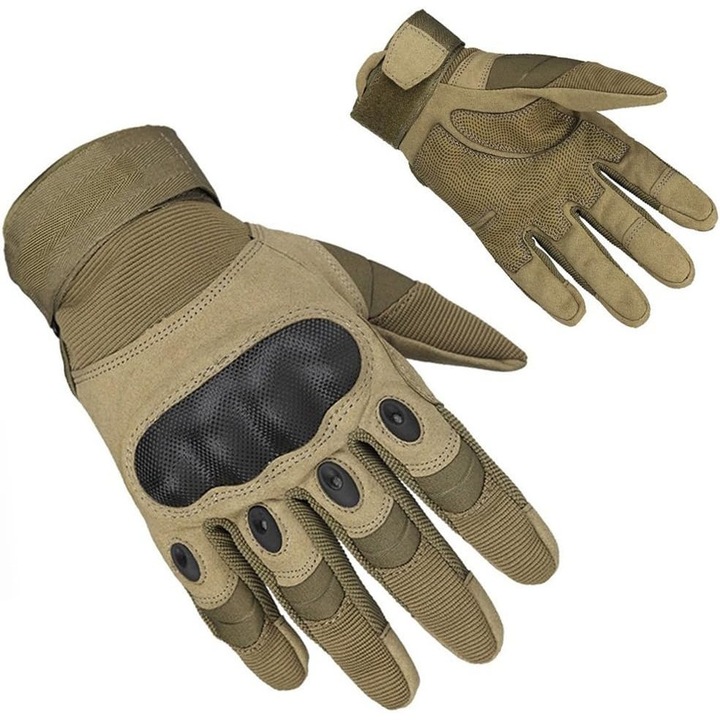 Manusi Tactical din material impermeabil cu protectie incheietura din fibra de carbon, marime XL, protectie monturi, Crem