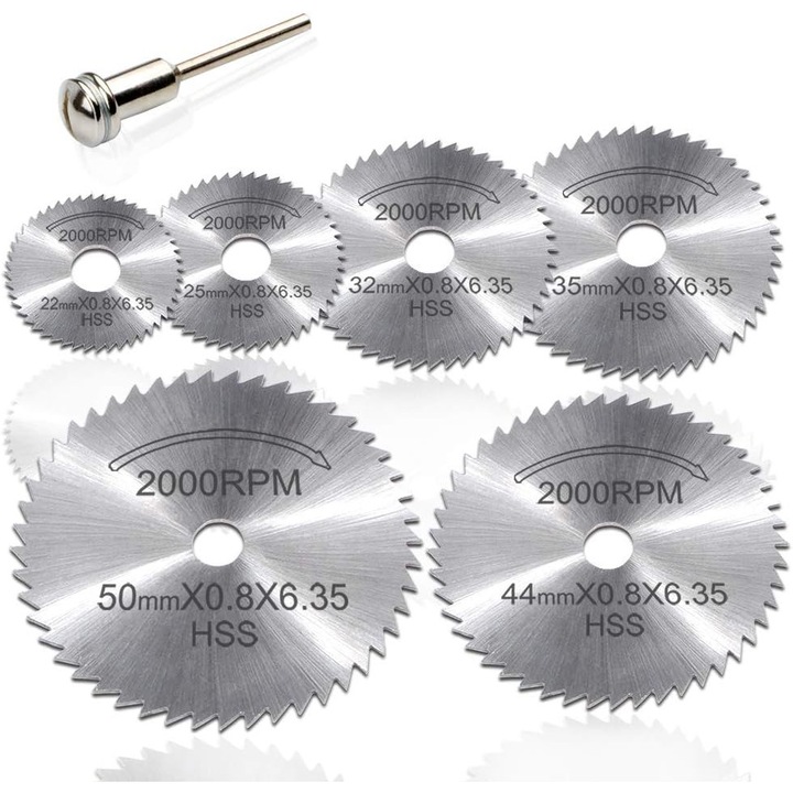 Set de 6 discuri de taiere cu mandrina HSS, 1/8", argintii, dimensiuni variate