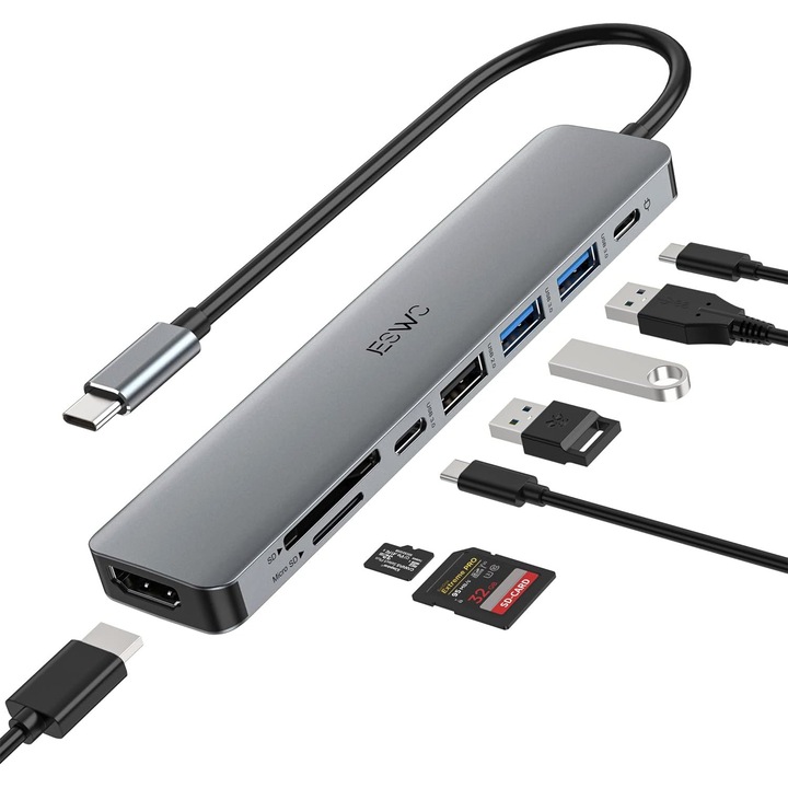Hub Jeswo, 8в1, USB-C, 100 W, SD/Micro SD, Сив