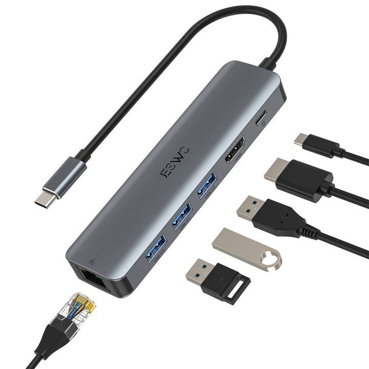 Хъб USB-C, JESWO, HDMI 4K, Ethernet RJ-45, 3 x USB 3.0, 100W, Сив