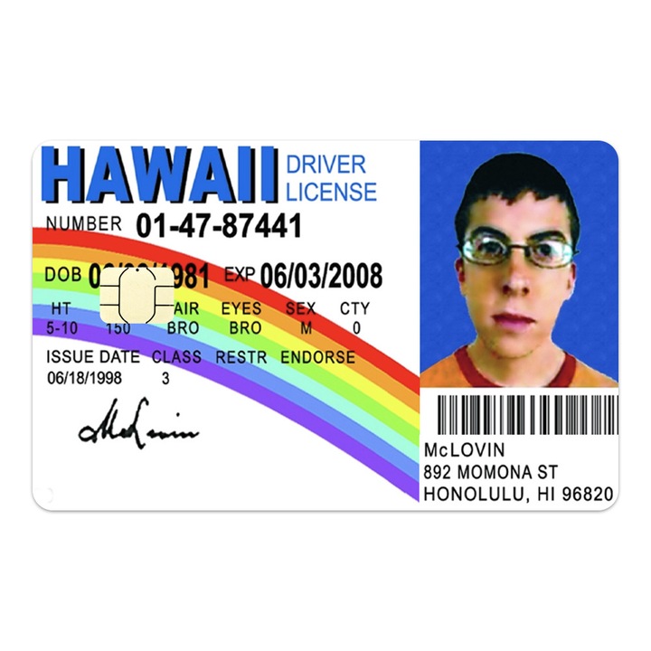 Folie Skin Autocolanta pentru Card de Credit, Card de Debit cu Cip Mic - McLovin ID, Buletin McLovin Superbad