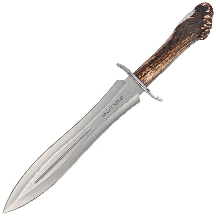 Cutit Vanatoare De Lux, Muela Remate BW-24S, Otel Inoxidabil X50CrMoV15, Lama Tip Dagger Cu Doua Taisuri, Maner Din Pantoful Cornului De Cerb Crown Stag, Garda Dubla Protectie, Include Teaca Piele Naturala, Fabricat In Spania, 38 cm, Argintiu