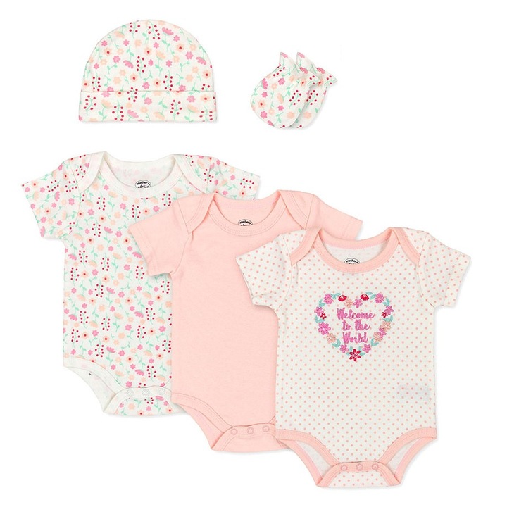 Set cadou pentru bebelusi, 5 piese bumbac, model floricele