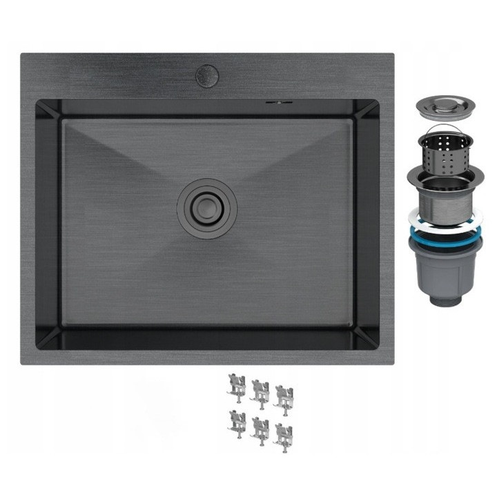 Chiuveta de Bucatarie Otel Inoxidabil BARI 60 Bol Unic cu Dozator Lichid Integrat, Montare Pe Blat, Negru Mat, Ultra-Rezistenta la Socuri, Zgarieturi si Caldura, Design Modern Minimalist, Dimensiuni 598x498 mm