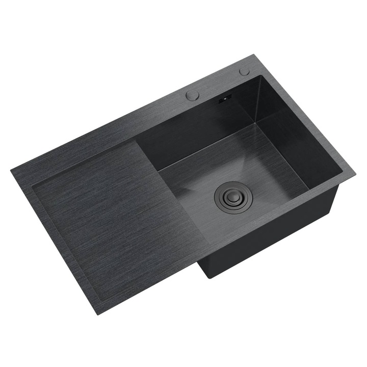 Chiuveta Bucatarie Otel Inoxidabil BARI 78P, Negru Mat, 778x488 mm, 1 Cuva cu Scurgator, Dozator Sapun Lichid, Cos Uscator Telescopic, Sifon Manual Inclus, Rezistenta Superioara, Montare pe Blat, Design Modern