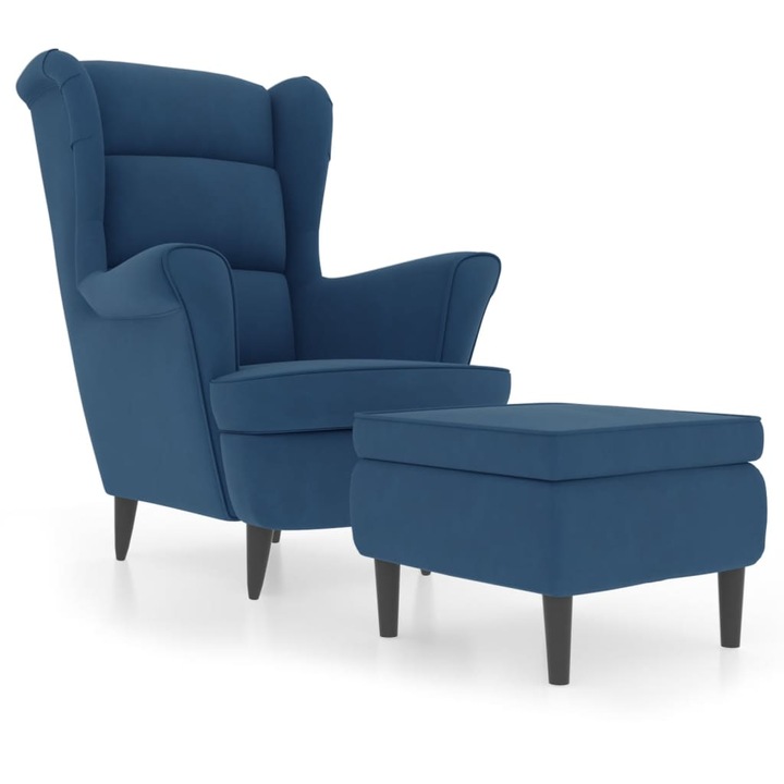 Фотьойл Wingback с табуретка vidaXL, син, кадифе, 78 x 90 x 96,5 см