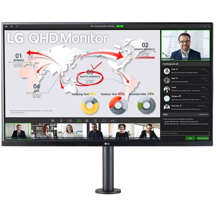 Монитор LG Ergo 32QP88NP-B, 32", IPS, 2560 x 1440, 1 x USB Type-C, 2 x USB 3.0 Downstream, 2 x HDMI, 1 x Audio Out, DisplayPort, Вградени високоговорители 2 x 5W