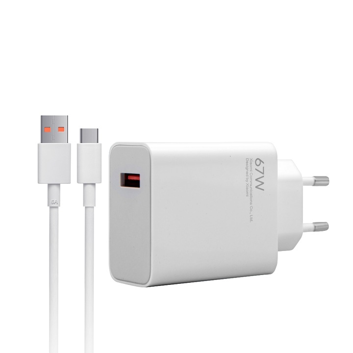 Töltő 220V XIAOMI MDY-12-EU, 67W, USB-A, Type-C 6A kábel mellékelve, Gyors töltés, Fehér