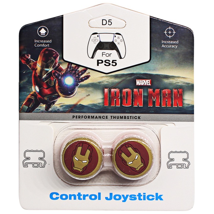Set 2 Bucati Thumbgrip din Silicon, Performance Thumbstick Marvel Iron Man, Pentru Controller PS5, PS4, Crestere Acuratete si Confort