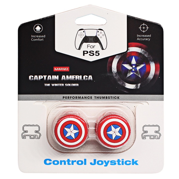 Set 2 Bucati Thumbgrip din Silicon, Performance Thumbstick Marvel Captain America, Pentru Controller PS5, PS4, Crestere Acuratete si Confort
